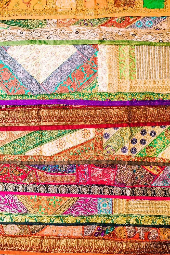 Close-up of a richly patterned patchwork textile