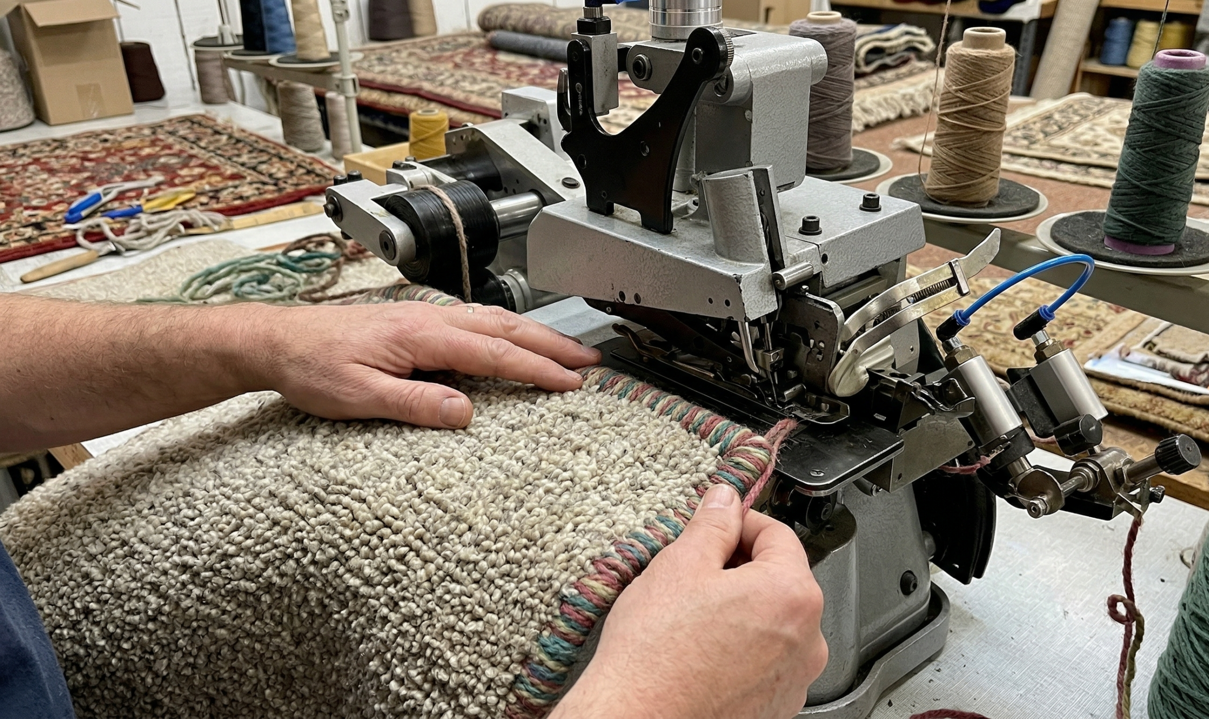 Overlocking machine binding a multicolour edge onto a rug