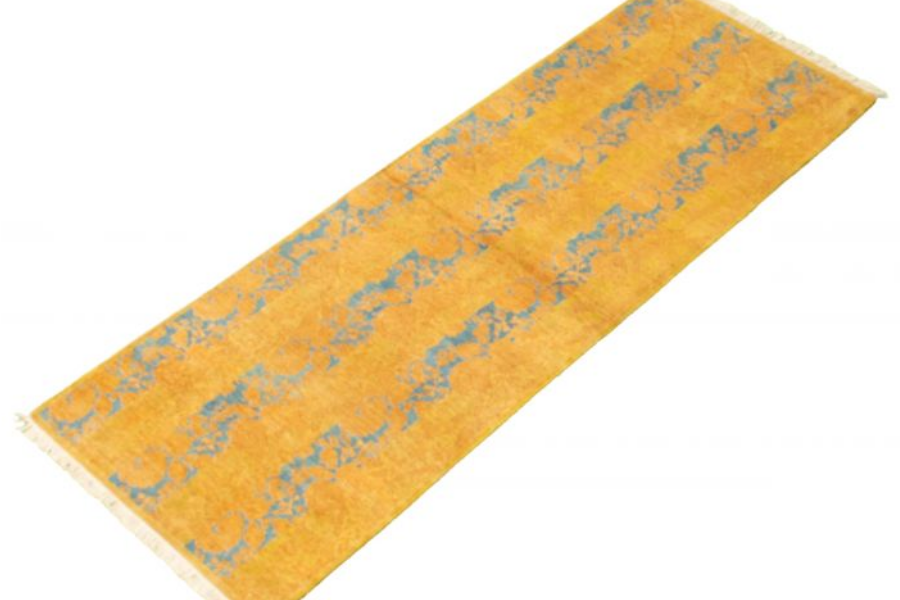 Mustard and blue patterned runner rug