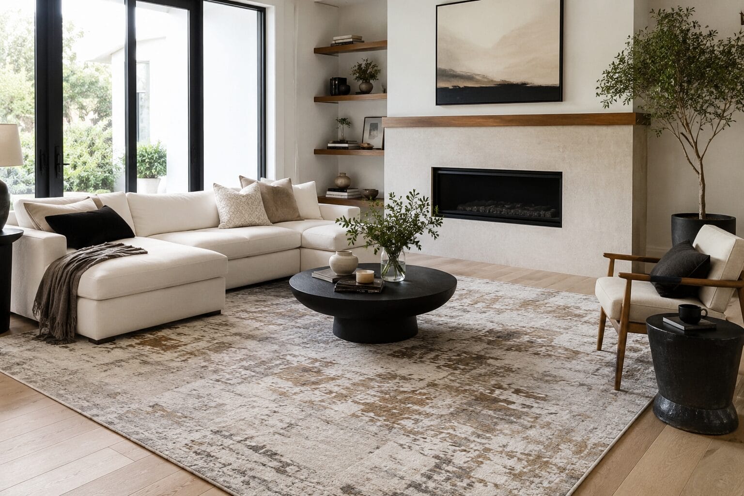 Abstract beige and brown area rug in a modern living room