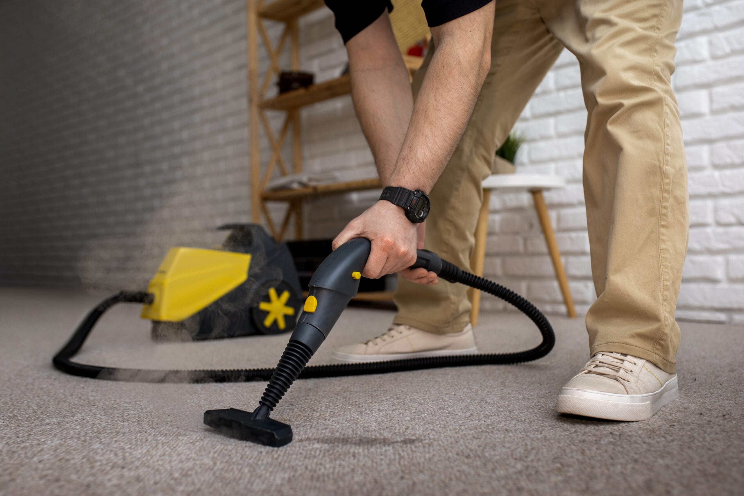 Man steam cleaning a beige carpet