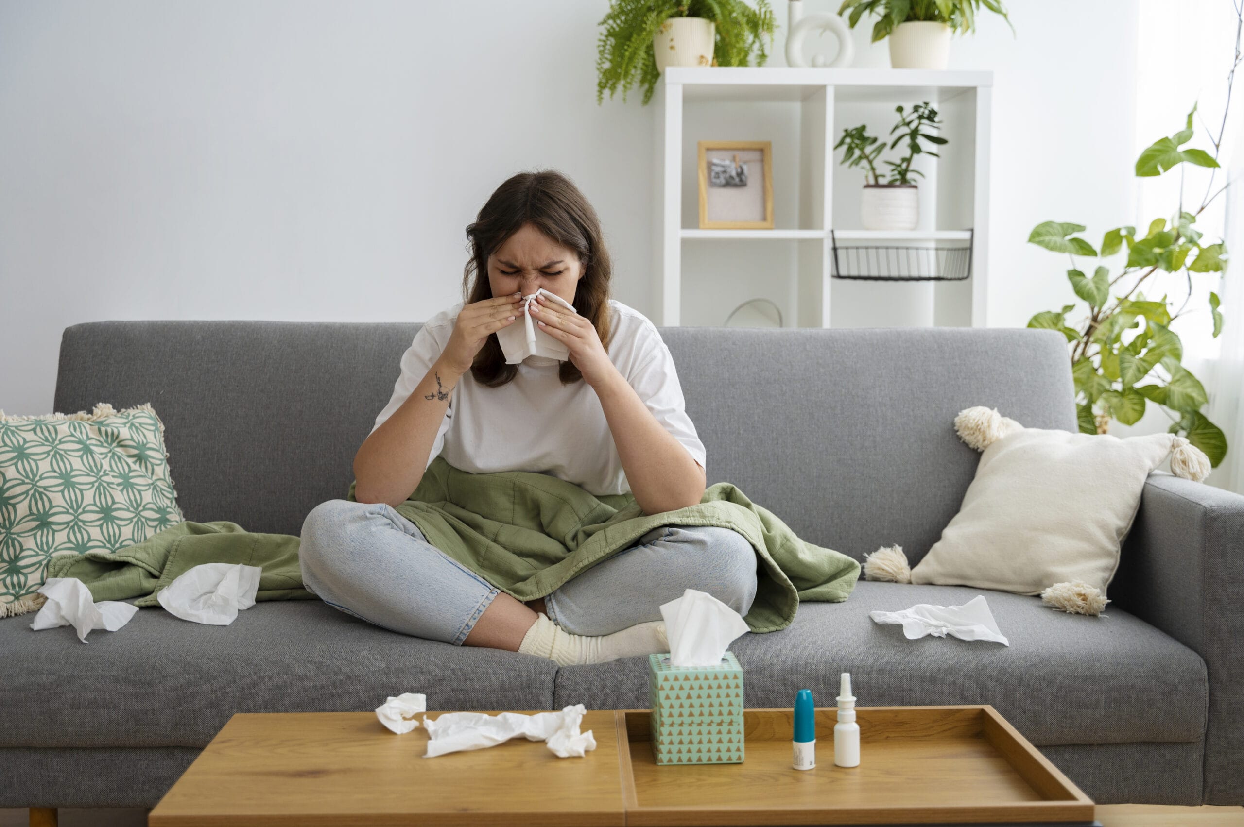 Woman blowing her nose on a sofa surrounded by tissues