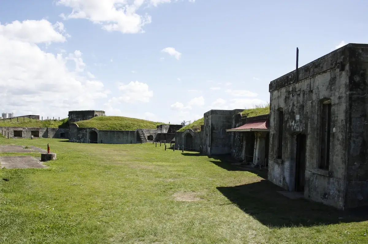 Inside the grassed moat and earth walls of Fort Lytton