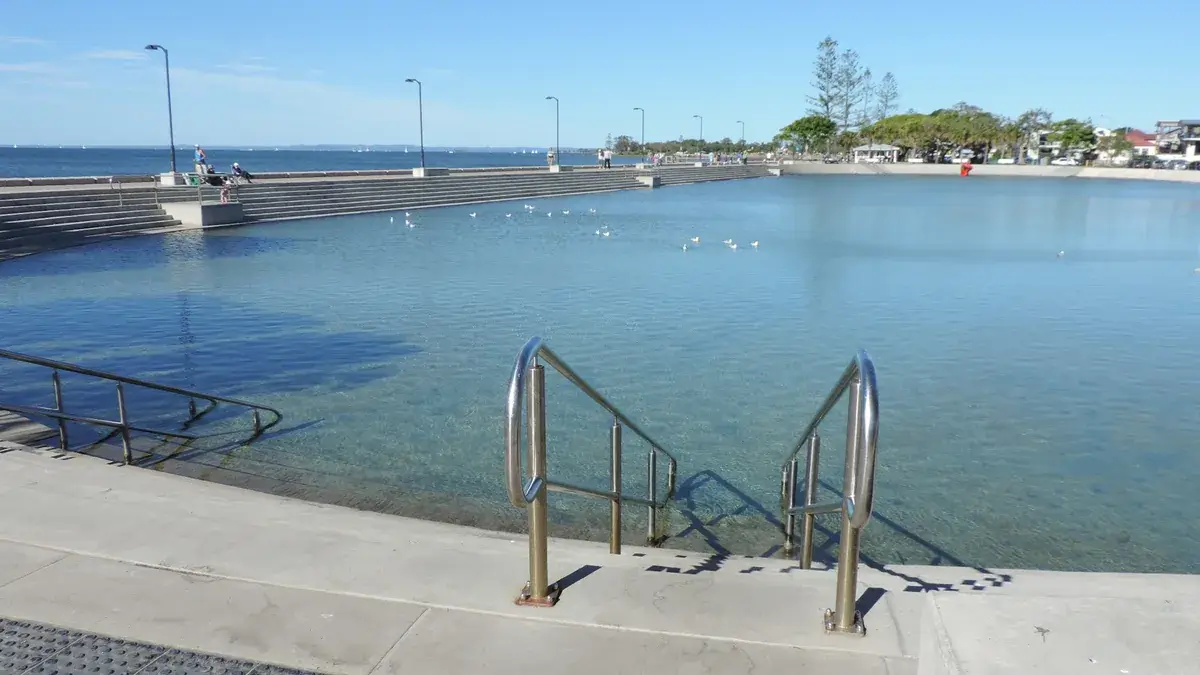 The shallow water of the Wynnum wading pool on the foreshore