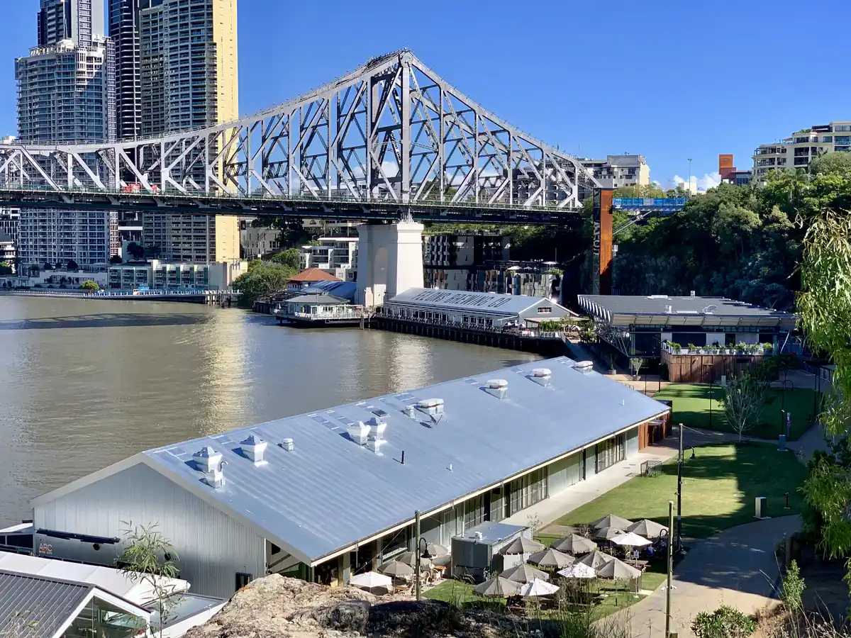 Howard Smith Wharves sitting under the steel spans of the Story Bridge