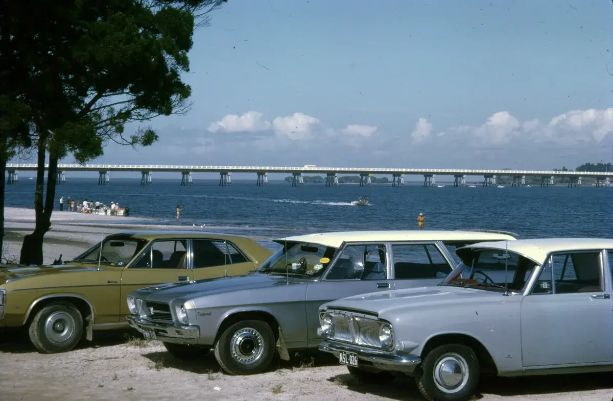 The Bribie Island bridge crossing Pumicestone Passage, photographed in 1974
