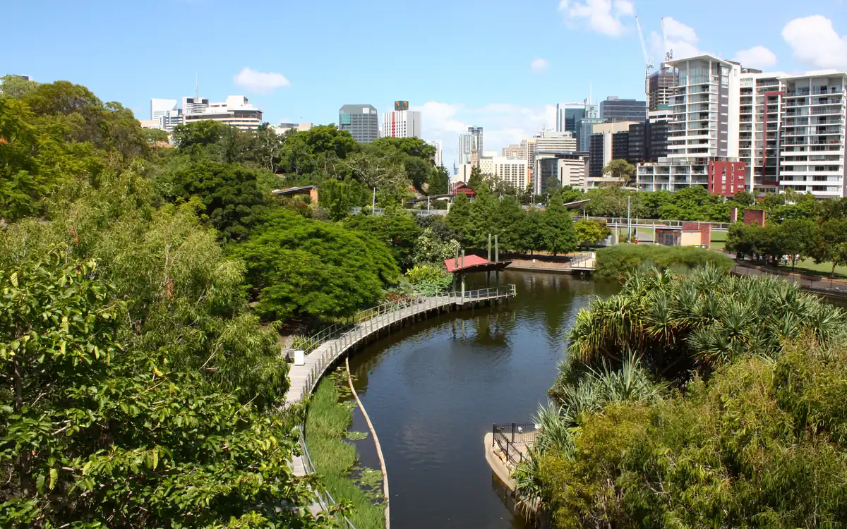 Lawns and garden beds at Roma Street Parkland