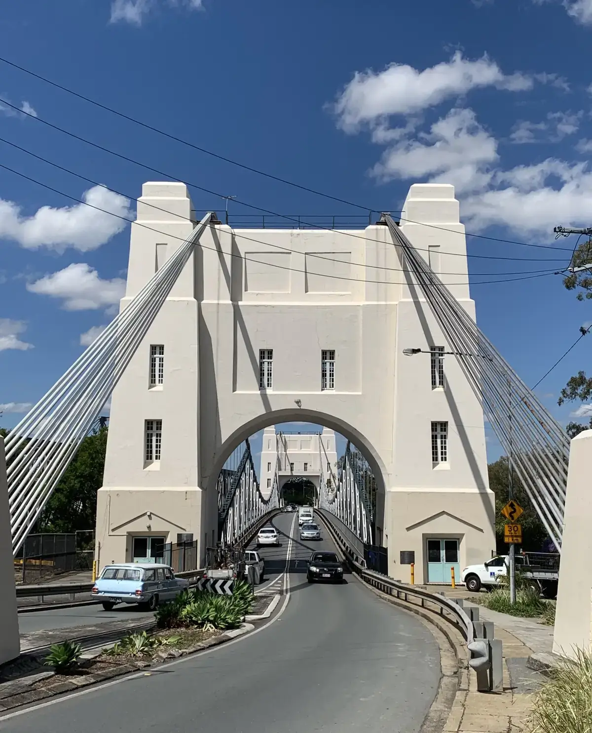 The Walter Taylor Bridge's towers and suspension span over the river