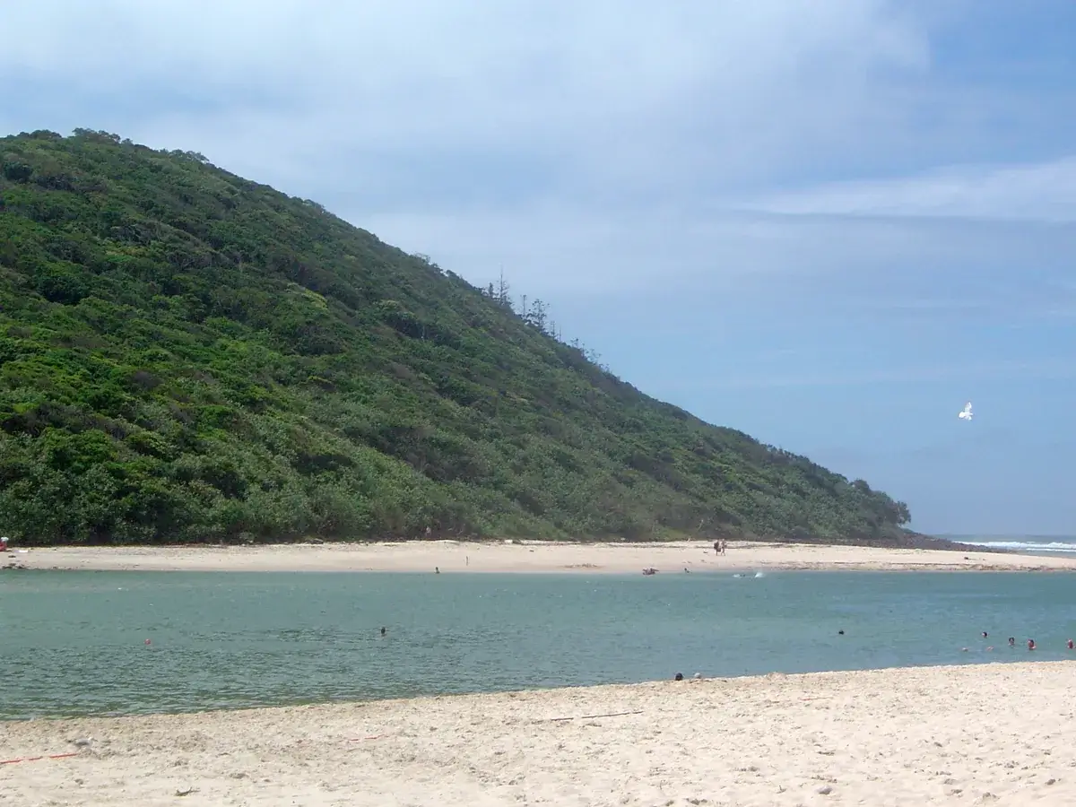 Burleigh headland covered in bush with Tallebudgera Creek meeting the sea beside it