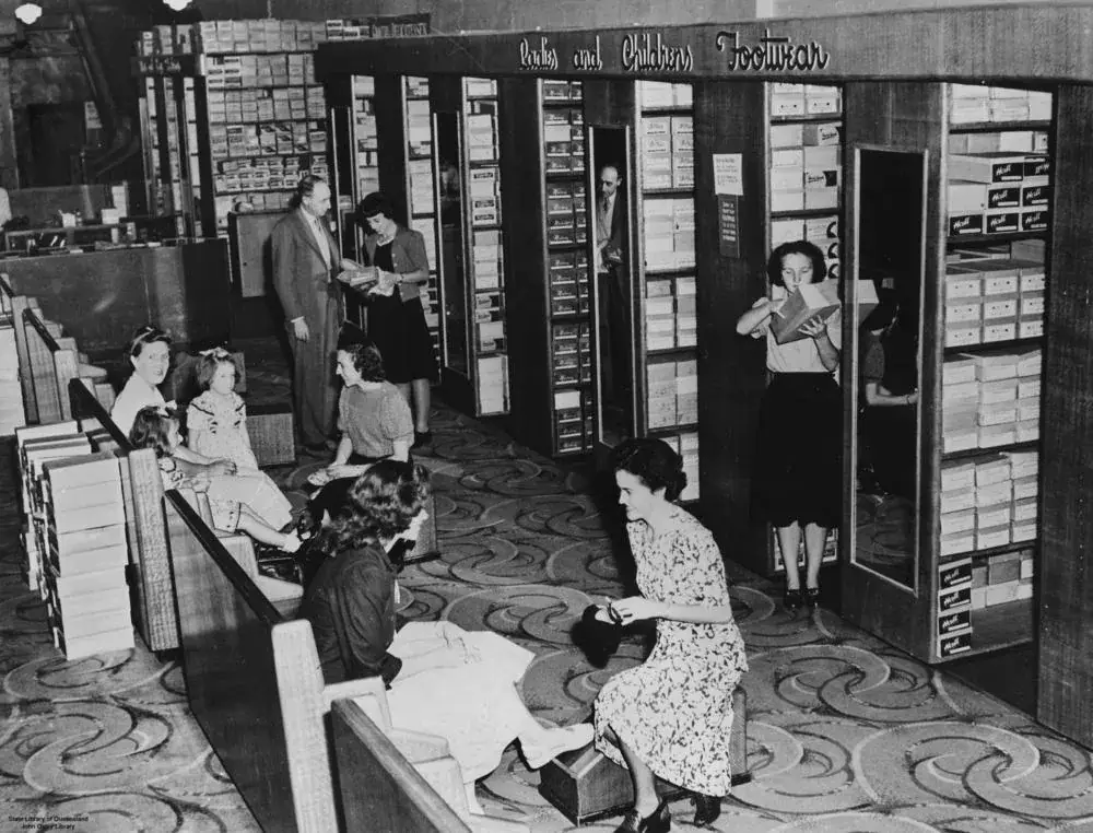 The shoe department inside Cribb and Foote's store in April 1949