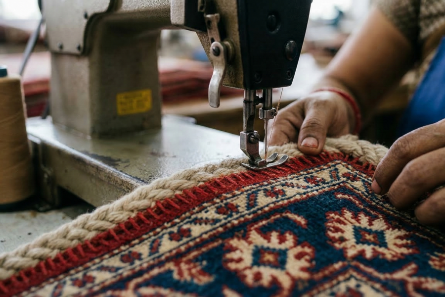 Sewing machine binding cord edging onto a Persian rug border